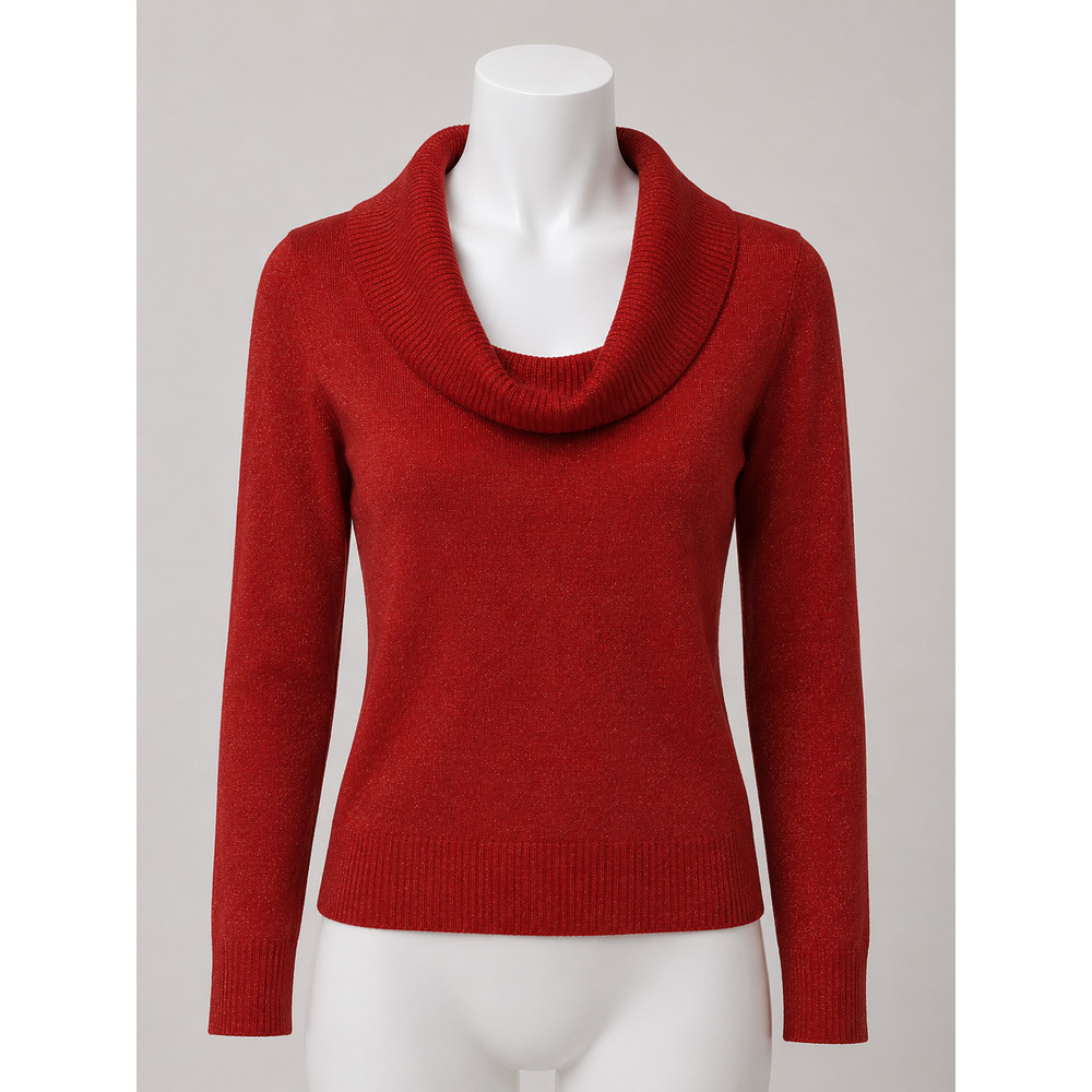 AB Studio Women’s Red Metallic Cowl Neck Sweater Long Sleeve Holiday Party Large